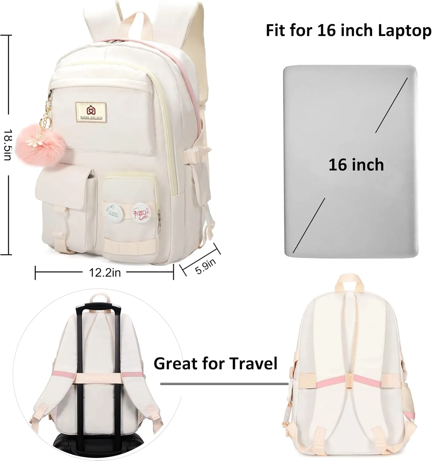 Laptop Backpacks 15.6 Inch College Backpack Elementary Middle High School Bag Large Cute Bookbags Anti Theft Travel Back Pack Casual Daypack Kids Book Bag for Teens Girls Women Students (Off-white)