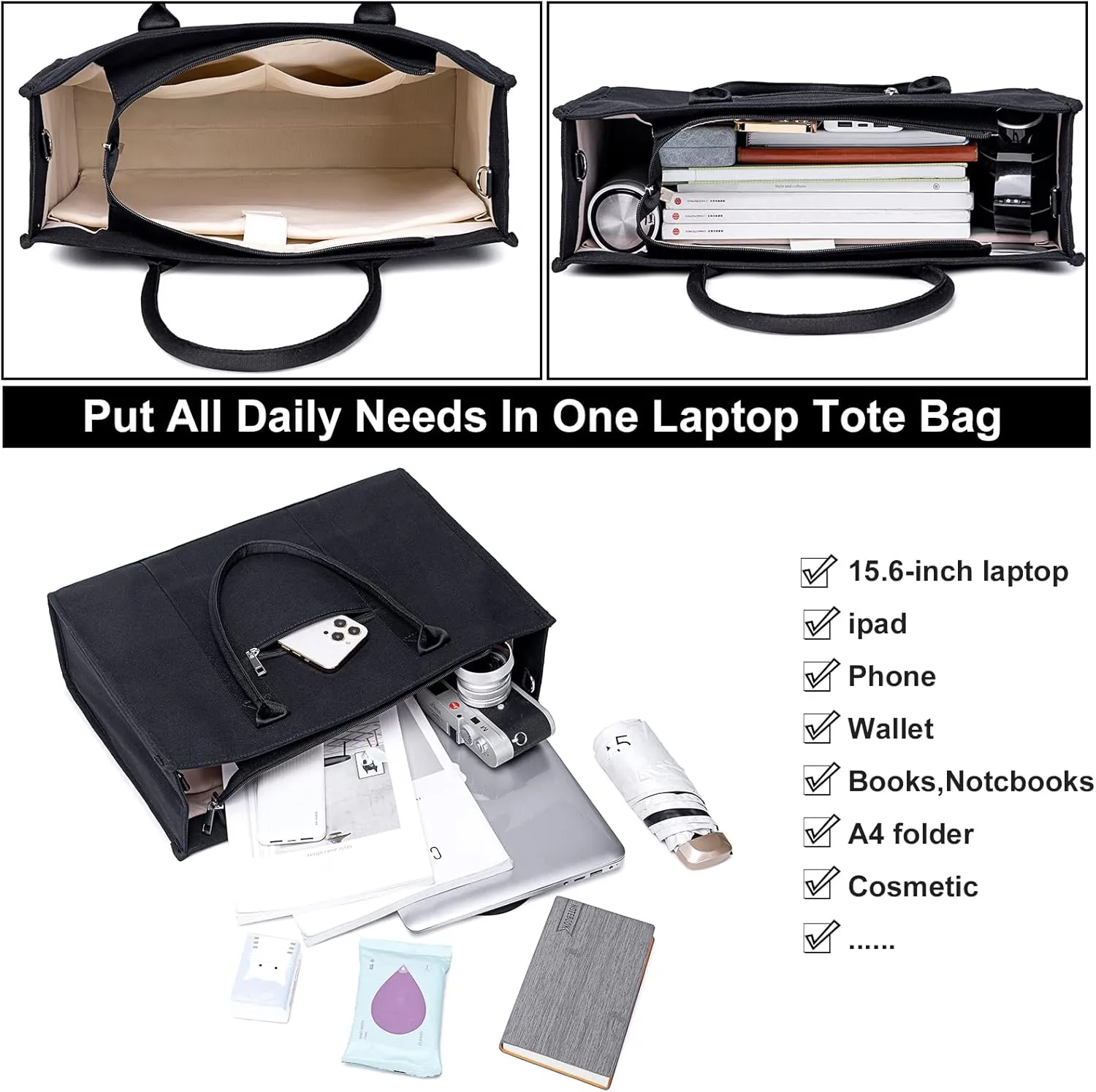 Laptop Tote Bag for Women Work 15.6 inch Canvas Shoulder Bags Computer Messenger Purse Teacher Handbag Office Briefcase