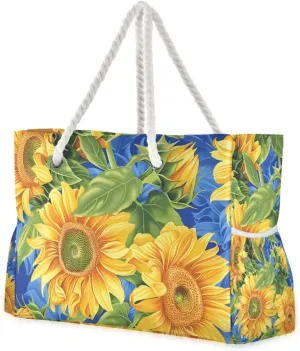 Large Beach Bags Totes Canvas Tote Shoulder Bag Sunflowers on Blue Field Style Of Gossamer Fabrics Greg Hildebrandt Vibrant Sensati Water Resistant Bags for Gym Travel Daily