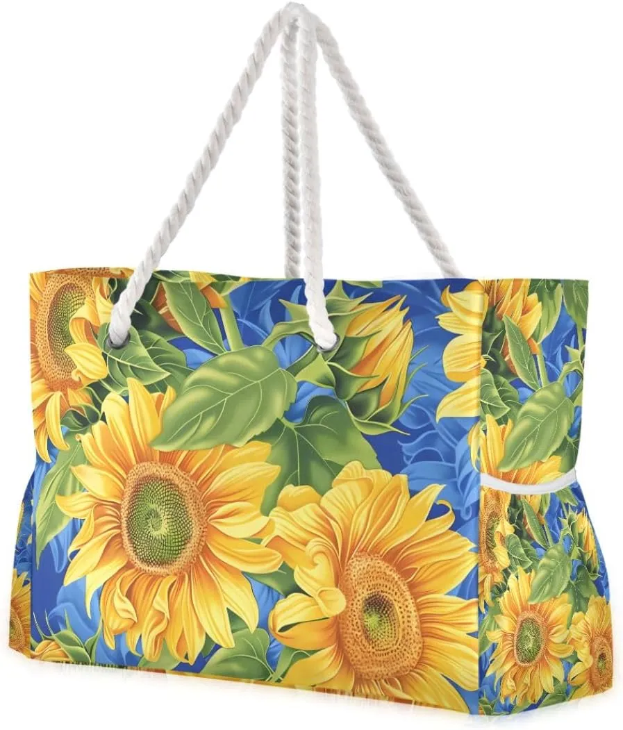 Large Beach Bags Totes Canvas Tote Shoulder Bag Sunflowers on Blue Field Style Of Gossamer Fabrics Greg Hildebrandt Vibrant Sensati Water Resistant Bags for Gym Travel Daily