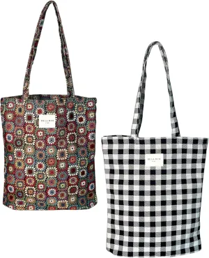 Large Beach Tote Bag Set – 2-Pack Patterned Tote Bags for Women – Colorful Floral & Black and White Checkered – Beach Tote, Work Bag, Travel Tote, Everyday Large Bag – Made in Barcelona