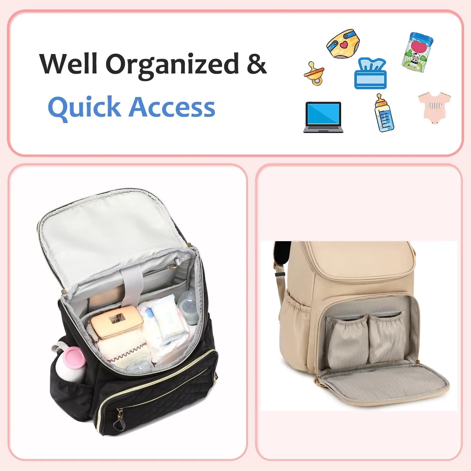 Large Capacity Diaper Bag with Stroller Buckle, Water-Resistant Travel Backpack with Insulated Pockets (Faux Leather, Beige)