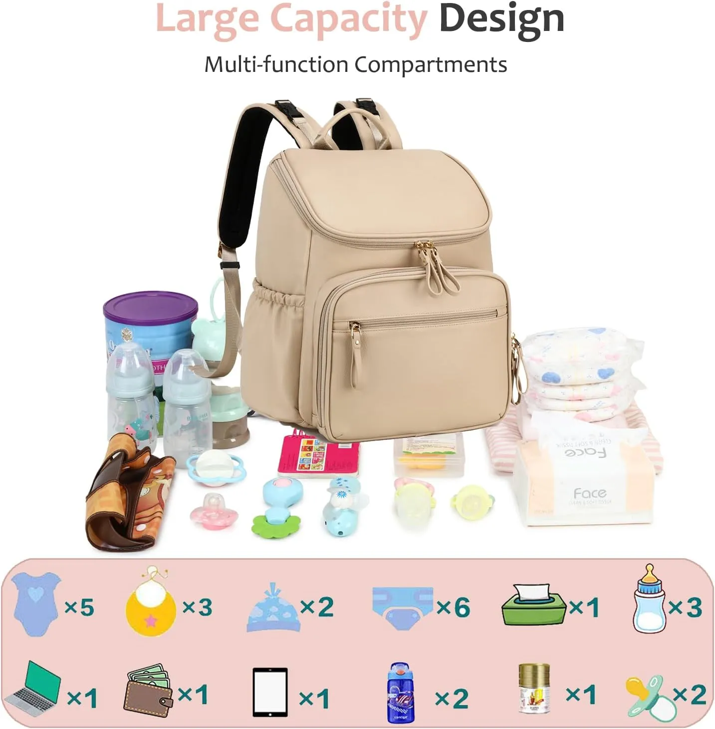 Large Capacity Diaper Bag with Stroller Buckle, Water-Resistant Travel Backpack with Insulated Pockets (Faux Leather, Beige)