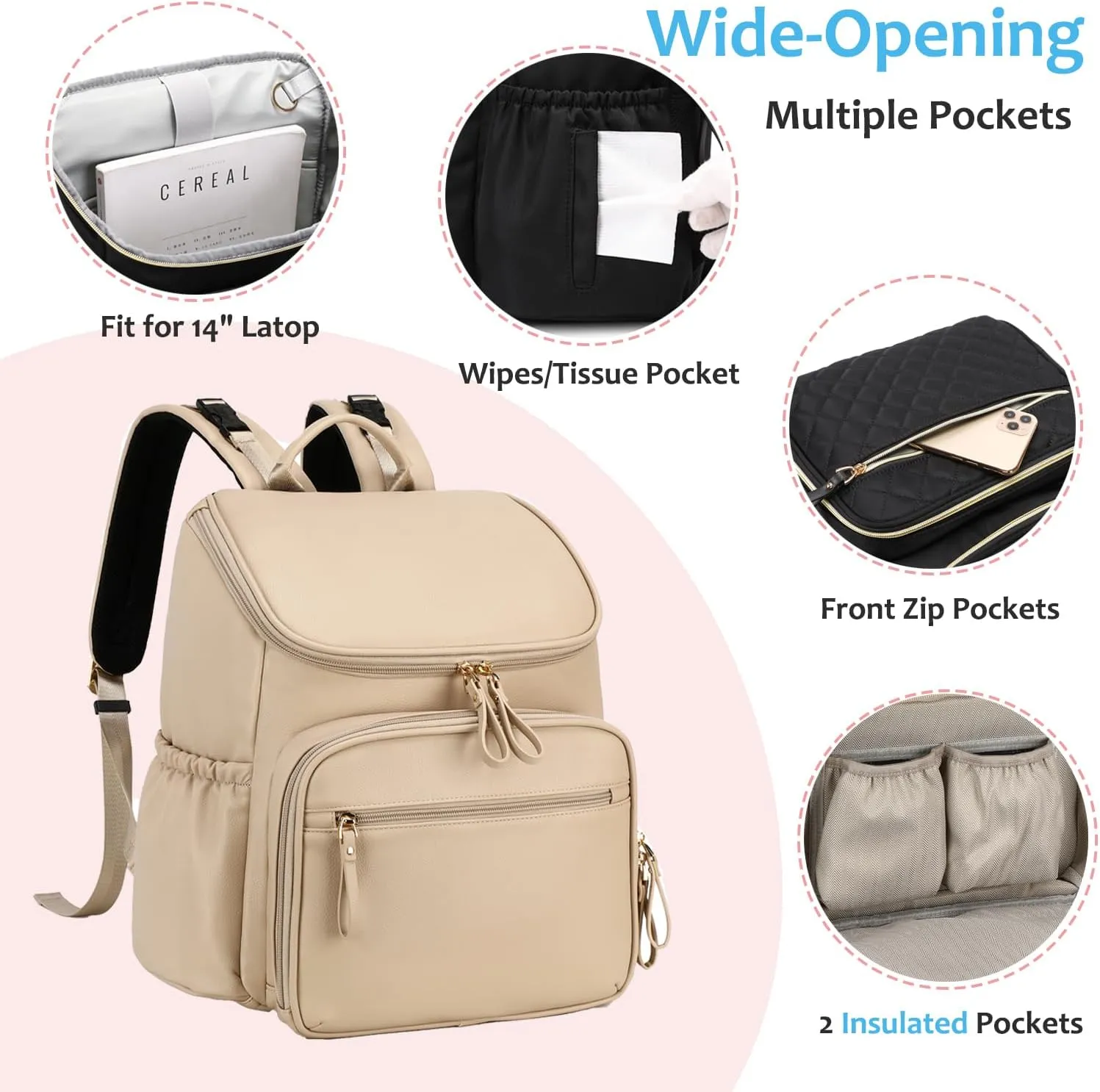 Large Capacity Diaper Bag with Stroller Buckle, Water-Resistant Travel Backpack with Insulated Pockets (Faux Leather, Beige)