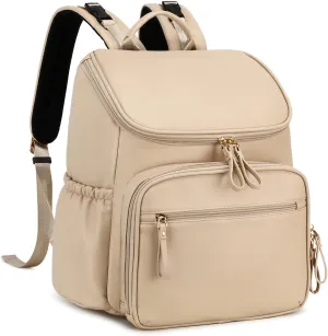 Large Capacity Diaper Bag with Stroller Buckle, Water-Resistant Travel Backpack with Insulated Pockets (Faux Leather, Beige)