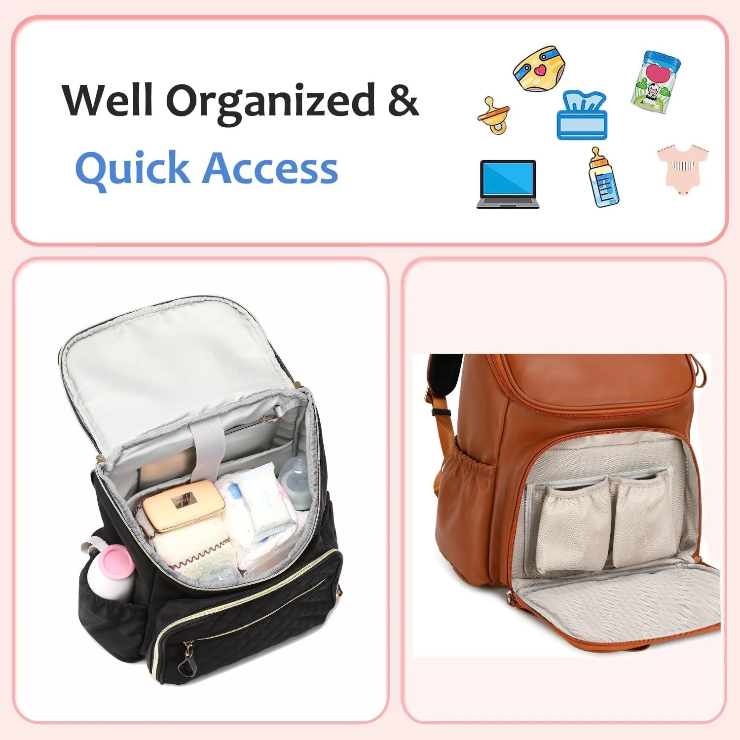 Large Capacity Diaper Bag with Stroller Buckle, Water-Resistant Travel Backpack with Insulated Pockets (Faux Leather, Dark-brown)