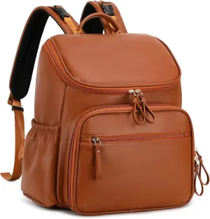 Large Capacity Diaper Bag with Stroller Buckle, Water-Resistant Travel Backpack with Insulated Pockets (Faux Leather, Dark-brown)