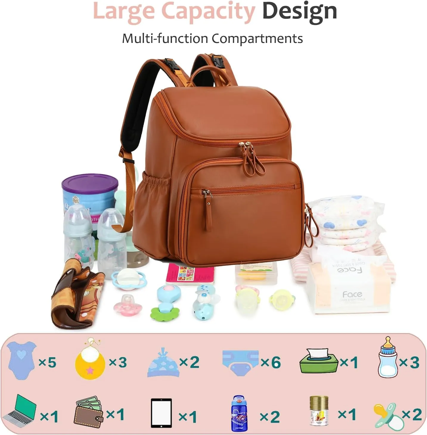 Large Capacity Diaper Bag with Stroller Buckle, Water-Resistant Travel Backpack with Insulated Pockets (Faux Leather, Dark-brown)