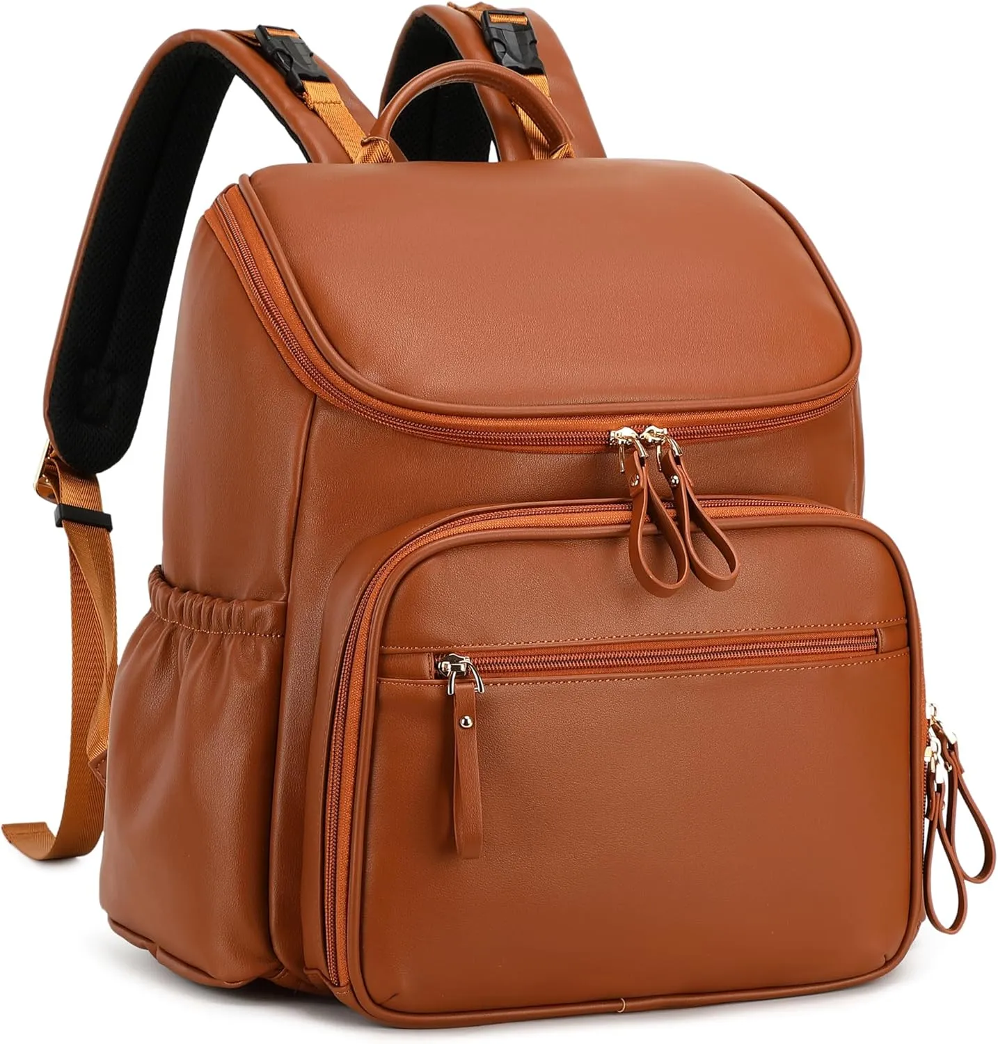Large Capacity Diaper Bag with Stroller Buckle, Water-Resistant Travel Backpack with Insulated Pockets (Faux Leather, Dark-brown)