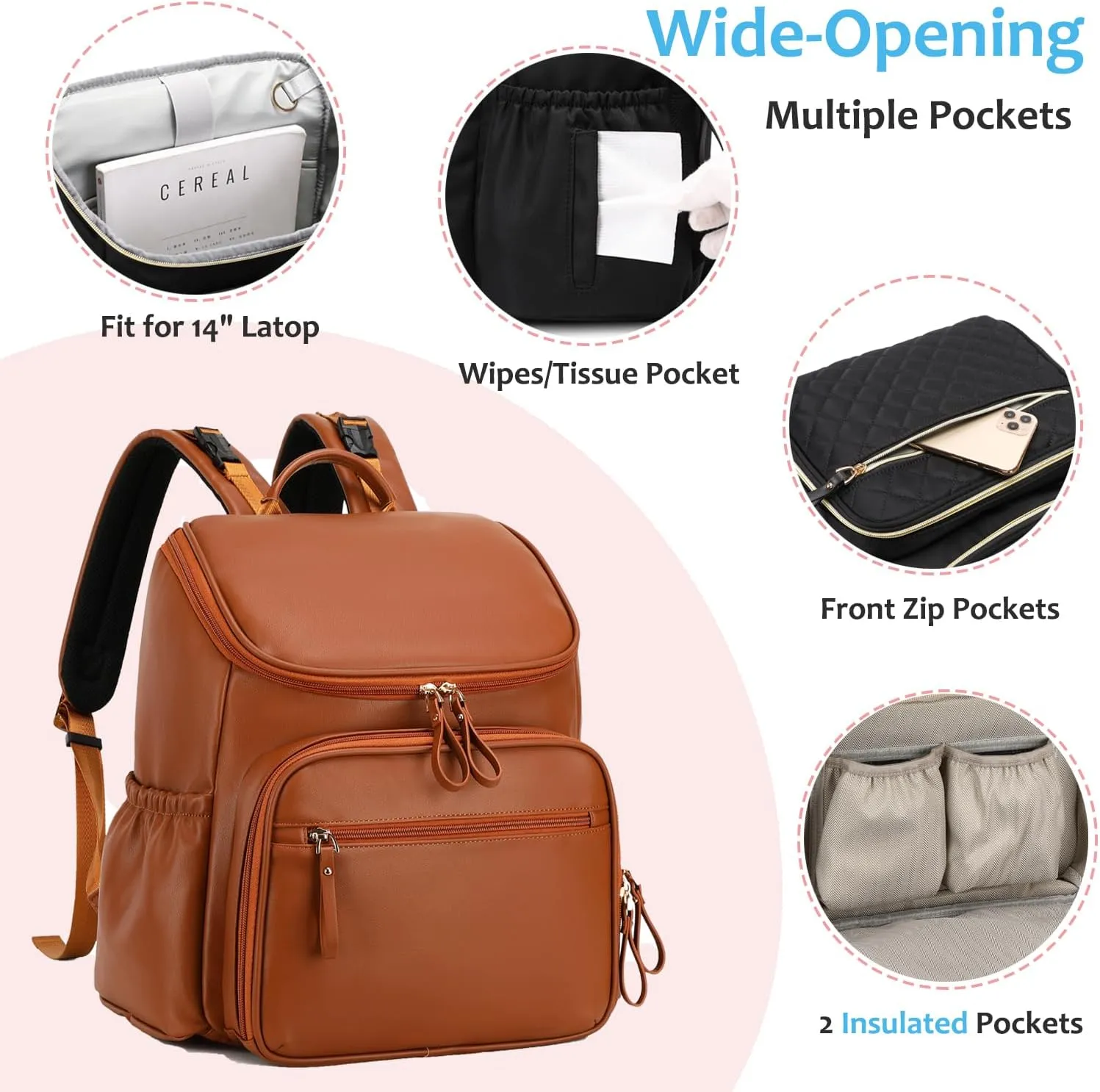 Large Capacity Diaper Bag with Stroller Buckle, Water-Resistant Travel Backpack with Insulated Pockets (Faux Leather, Dark-brown)
