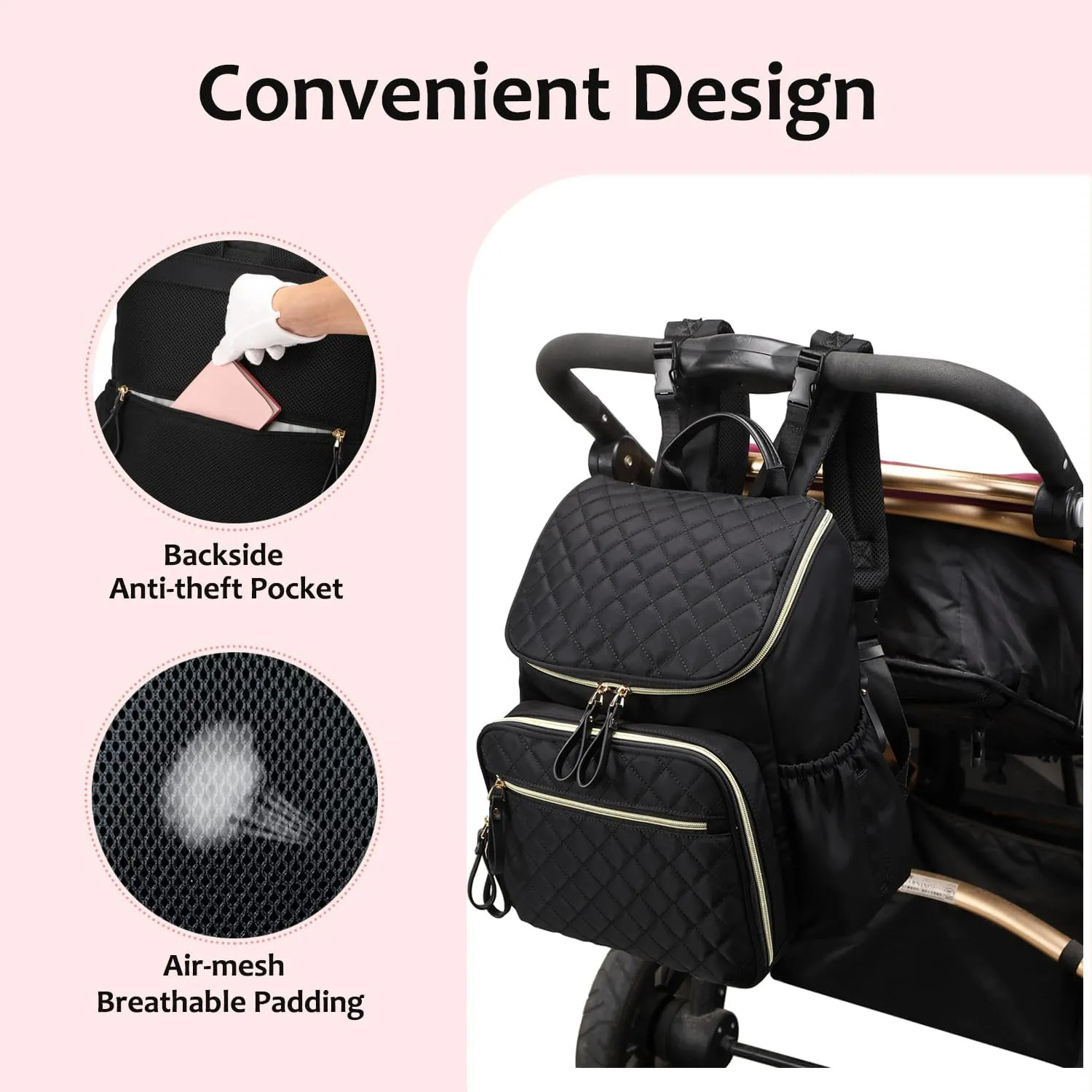 Large Capacity Diaper Bag with Stroller Buckle, Water-Resistant Travel Backpack with Insulated Pockets (Faux Leather, Dark-brown)
