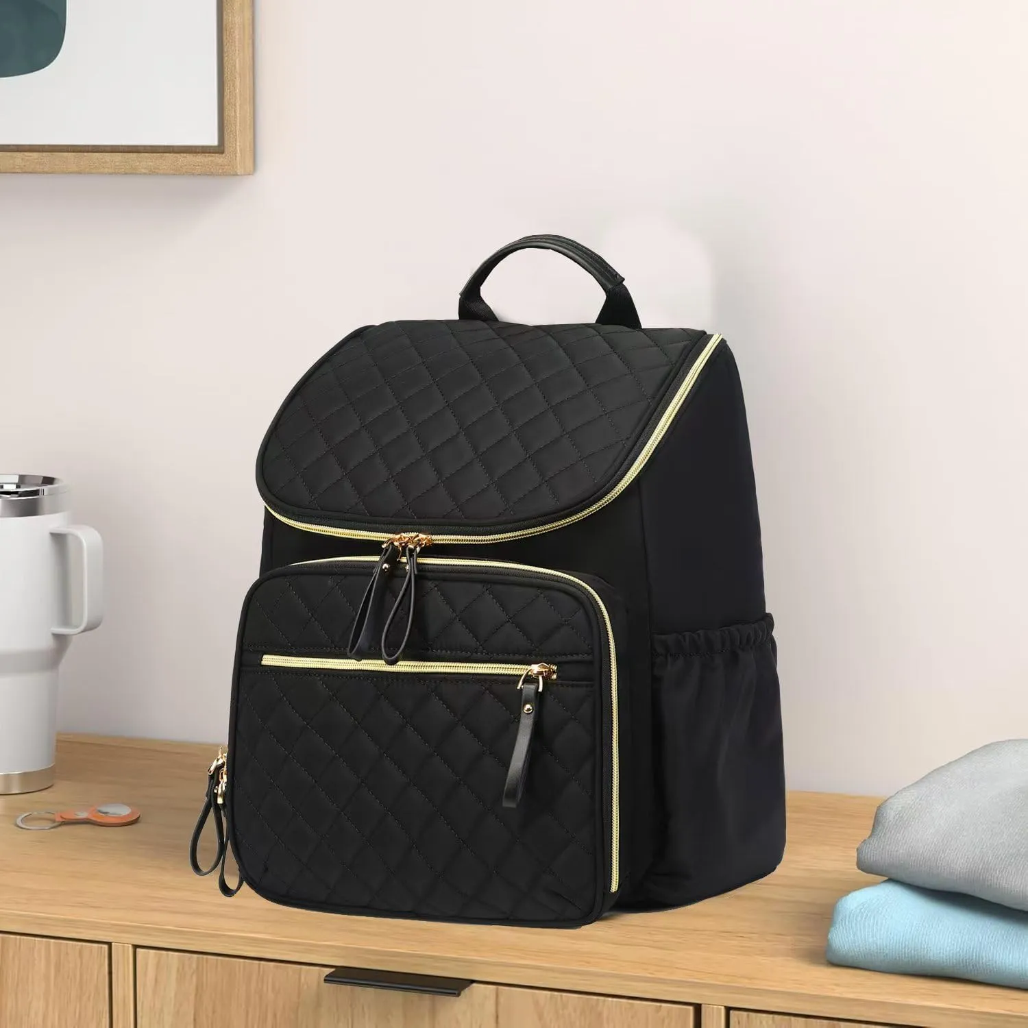 Large Capacity Diaper Bag with Stroller Buckle, Water-Resistant Travel Backpack with Insulated Pockets (Nylon, Black-Gold)