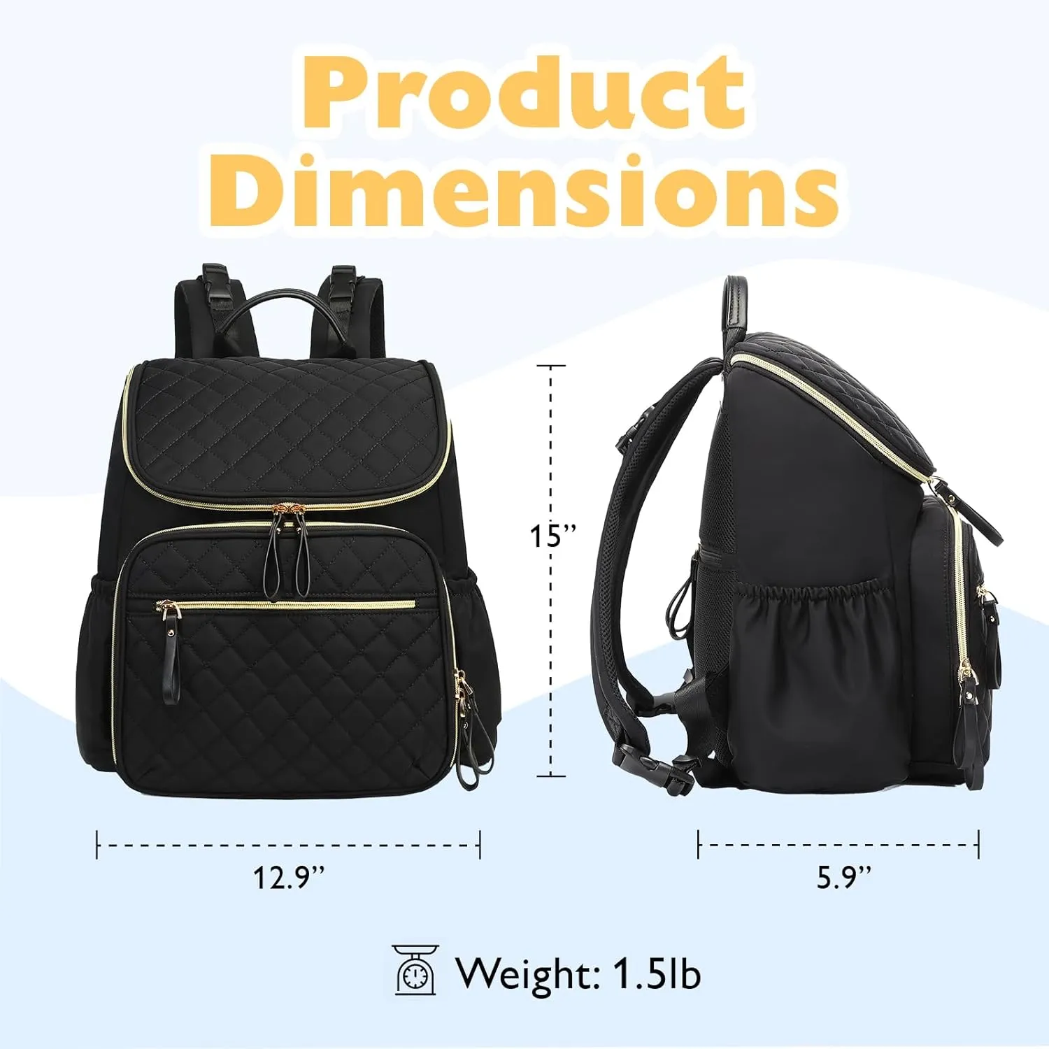 Large Capacity Diaper Bag with Stroller Buckle, Water-Resistant Travel Backpack with Insulated Pockets (Nylon, Black-Gold)