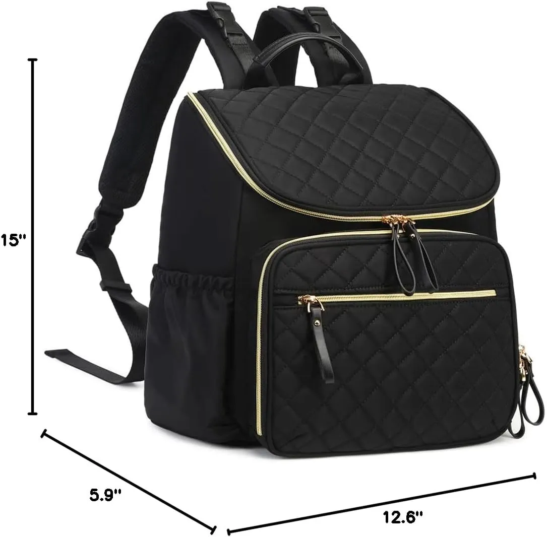 Large Capacity Diaper Bag with Stroller Buckle, Water-Resistant Travel Backpack with Insulated Pockets (Nylon, Black-Gold)