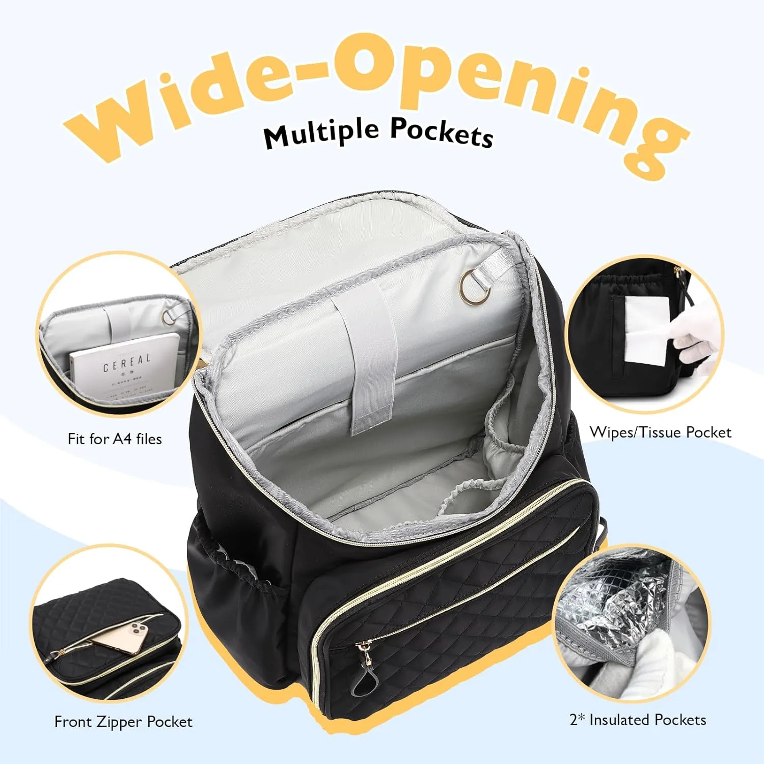 Large Capacity Diaper Bag with Stroller Buckle, Water-Resistant Travel Backpack with Insulated Pockets (Nylon, Black-Gold)
