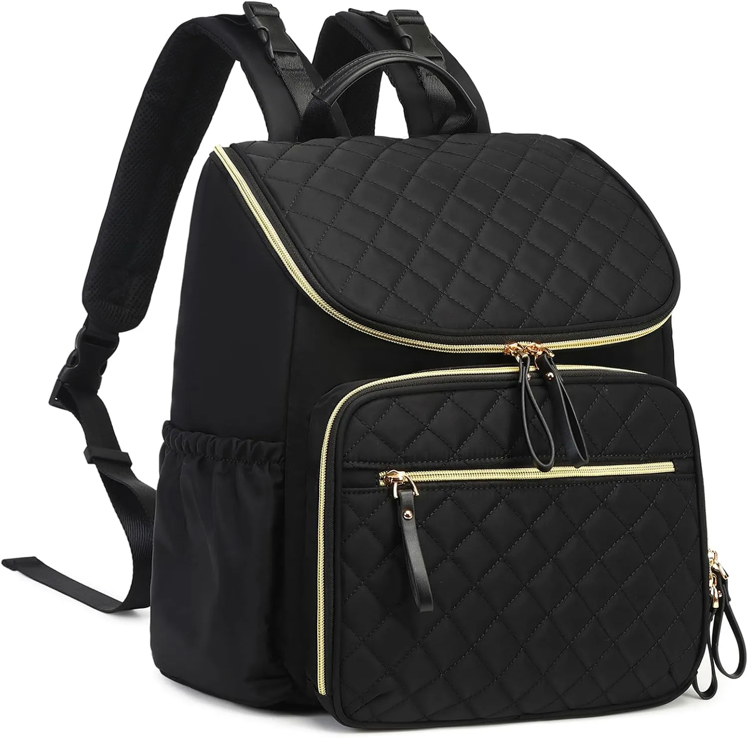 Large Capacity Diaper Bag with Stroller Buckle, Water-Resistant Travel Backpack with Insulated Pockets (Nylon, Black-Gold)
