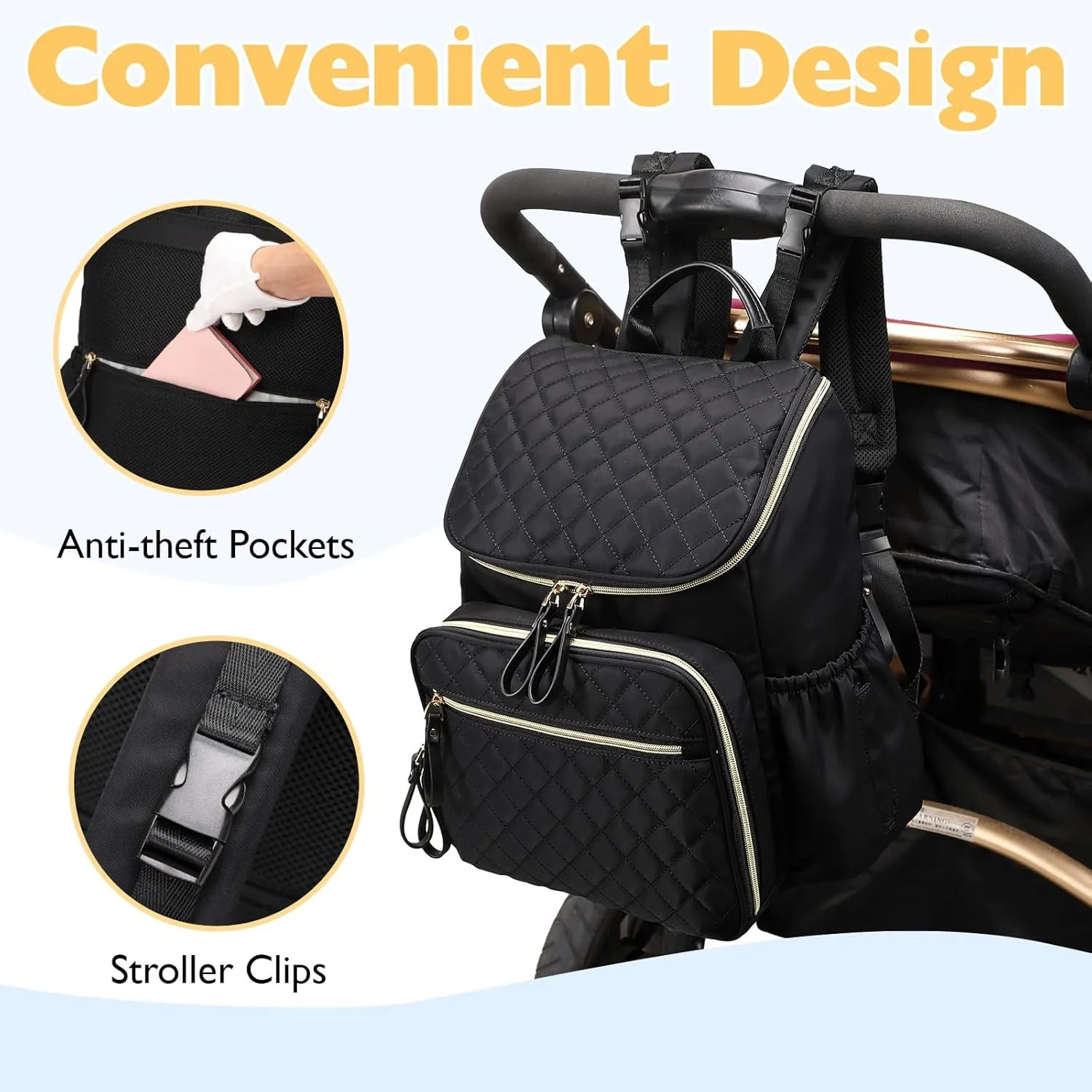 Large Capacity Diaper Bag with Stroller Buckle, Water-Resistant Travel Backpack with Insulated Pockets (Nylon, Black-Gold)