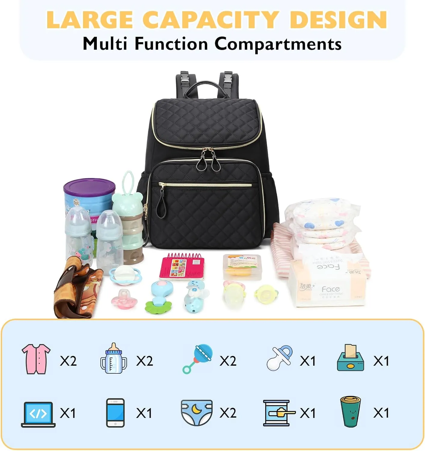 Large Capacity Diaper Bag with Stroller Buckle, Water-Resistant Travel Backpack with Insulated Pockets (Nylon, Black-Gold)