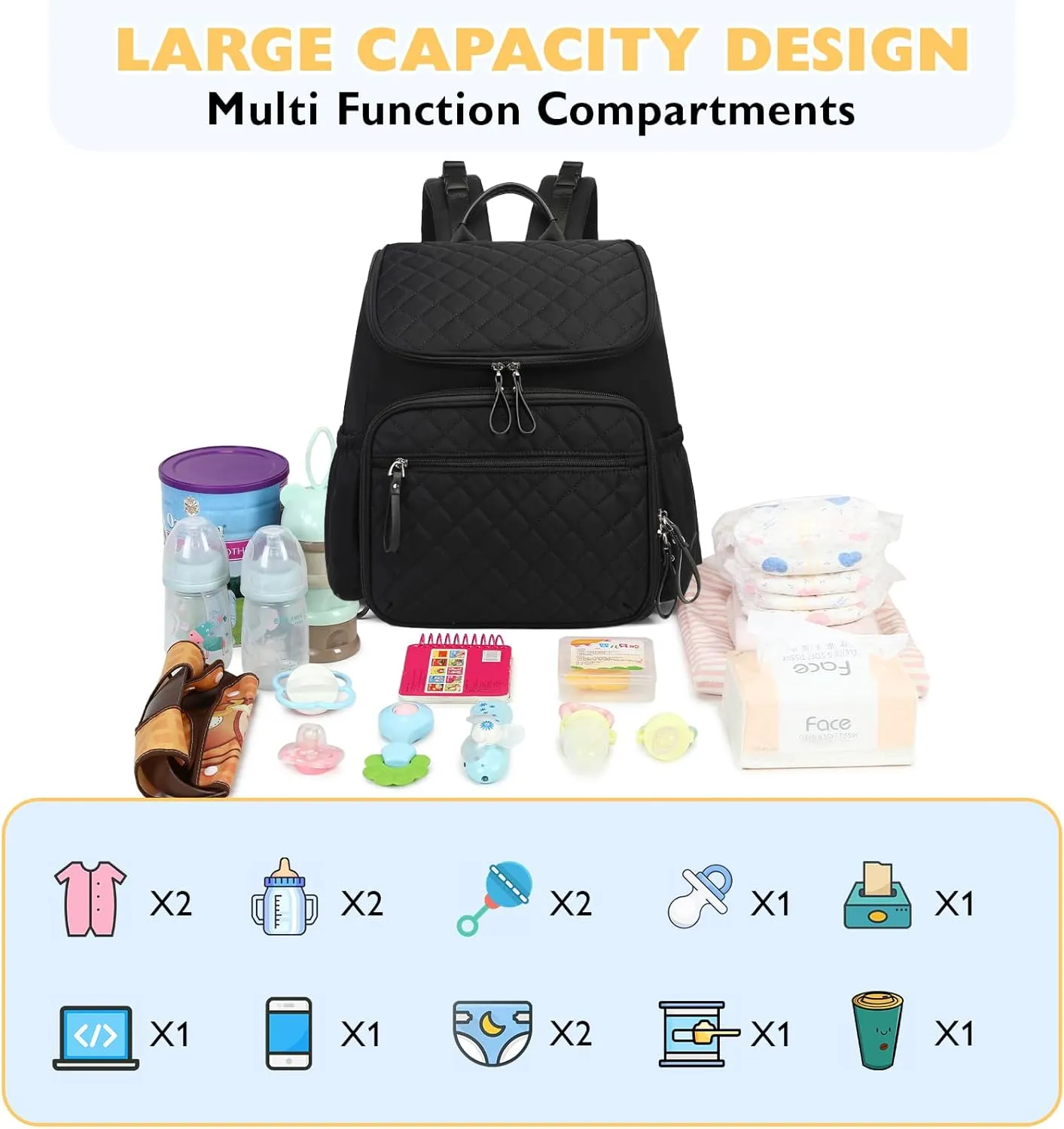 Large Capacity Diaper Bag with Stroller Buckle, Water-Resistant Travel Backpack with Insulated Pockets (Nylon, Black)