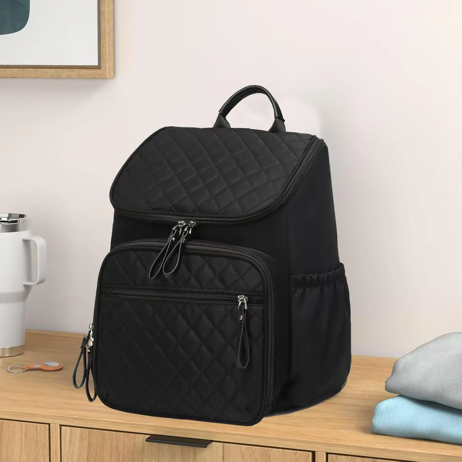 Large Capacity Diaper Bag with Stroller Buckle, Water-Resistant Travel Backpack with Insulated Pockets (Nylon, Black)