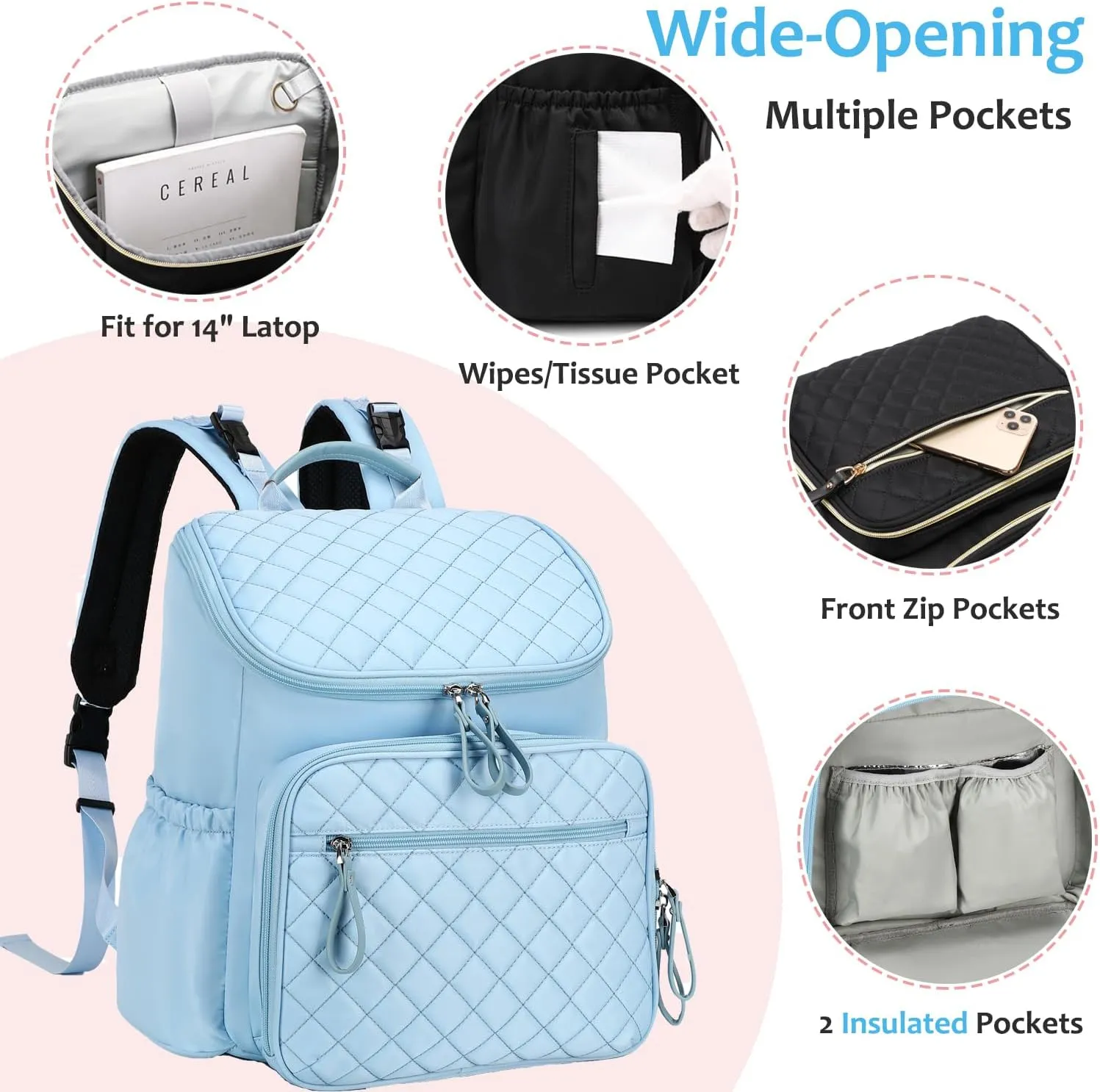 Large Capacity Diaper Bag with Stroller Buckle, Water-Resistant Travel Backpack with Insulated Pockets (Nylon, Blue)