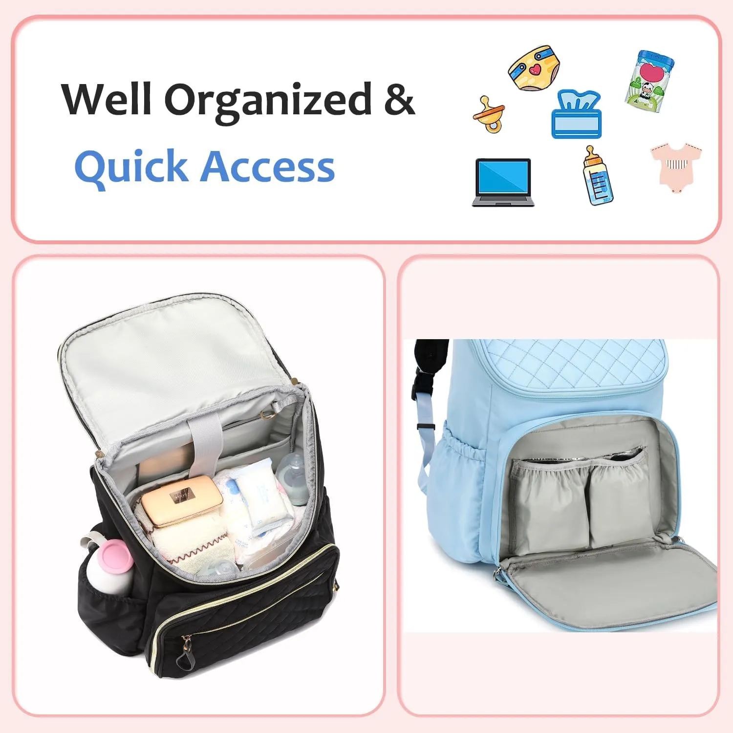 Large Capacity Diaper Bag with Stroller Buckle, Water-Resistant Travel Backpack with Insulated Pockets (Nylon, Blue)