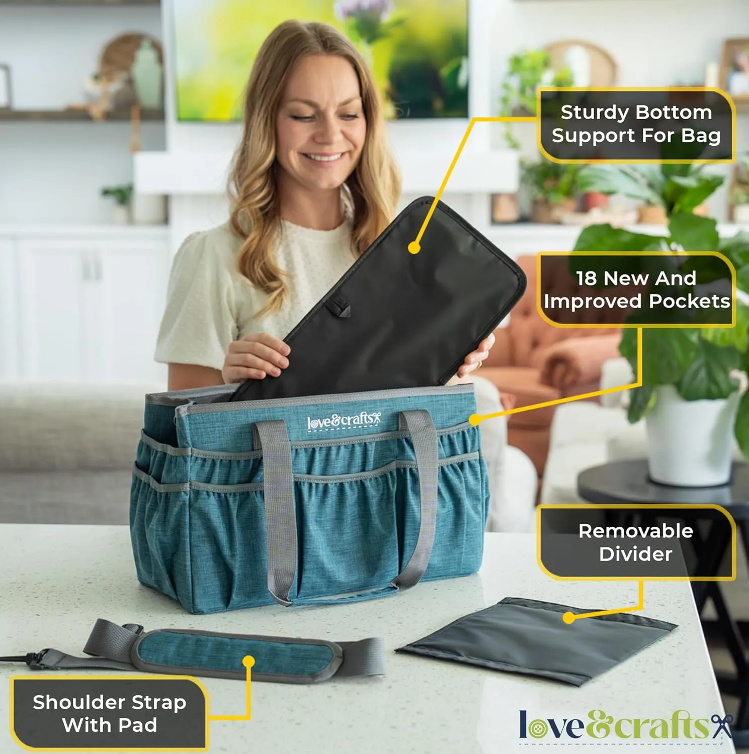 Large Craft Tote Bag - Art Bag 16 x 7.9 x 9.5 with Elastic Side Pockets - Durable Craft Bag Organizer with Handle and Removable Divider (Teal)