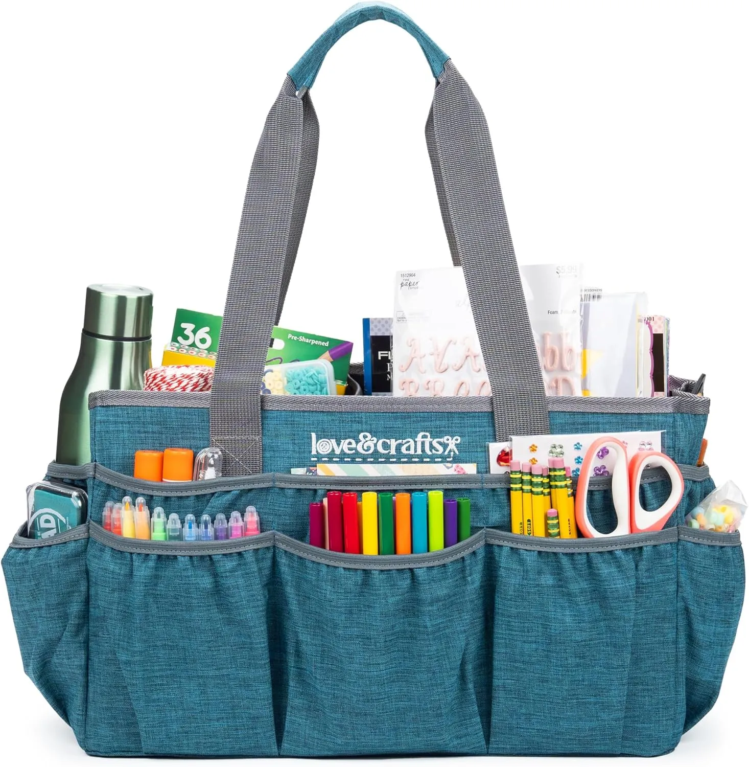 Large Craft Tote Bag - Art Bag 16 x 7.9 x 9.5 with Elastic Side Pockets - Durable Craft Bag Organizer with Handle and Removable Divider (Teal)