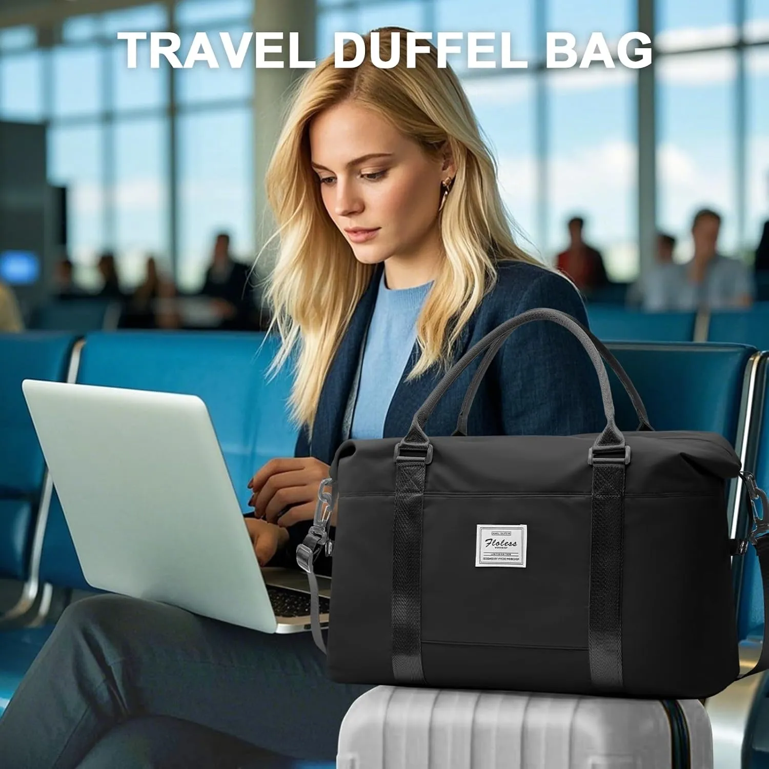 Large Gym Bag for Women,Carry on Duffel 18 x 14 x 8 inches Spirit Airlines Travel Essentials Bag, Weekender Space Saver Clothes Vacuum Storage Bags with hand pump,Duffle Hospital Luggage,Black