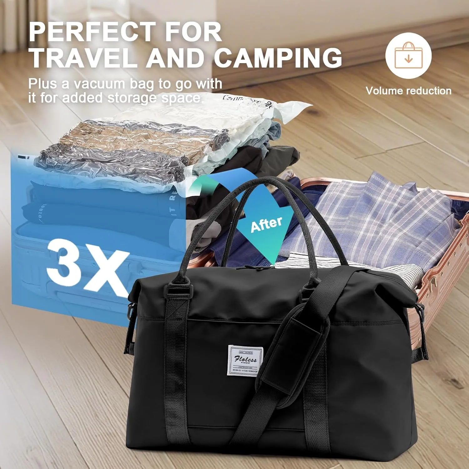 Large Gym Bag for Women,Carry on Duffel 18 x 14 x 8 inches Spirit Airlines Travel Essentials Bag, Weekender Space Saver Clothes Vacuum Storage Bags with hand pump,Duffle Hospital Luggage,Black