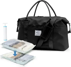 Large Gym Bag for Women,Carry on Duffel 18 x 14 x 8 inches Spirit Airlines Travel Essentials Bag, Weekender Space Saver Clothes Vacuum Storage Bags with hand pump,Duffle Hospital Luggage,Black