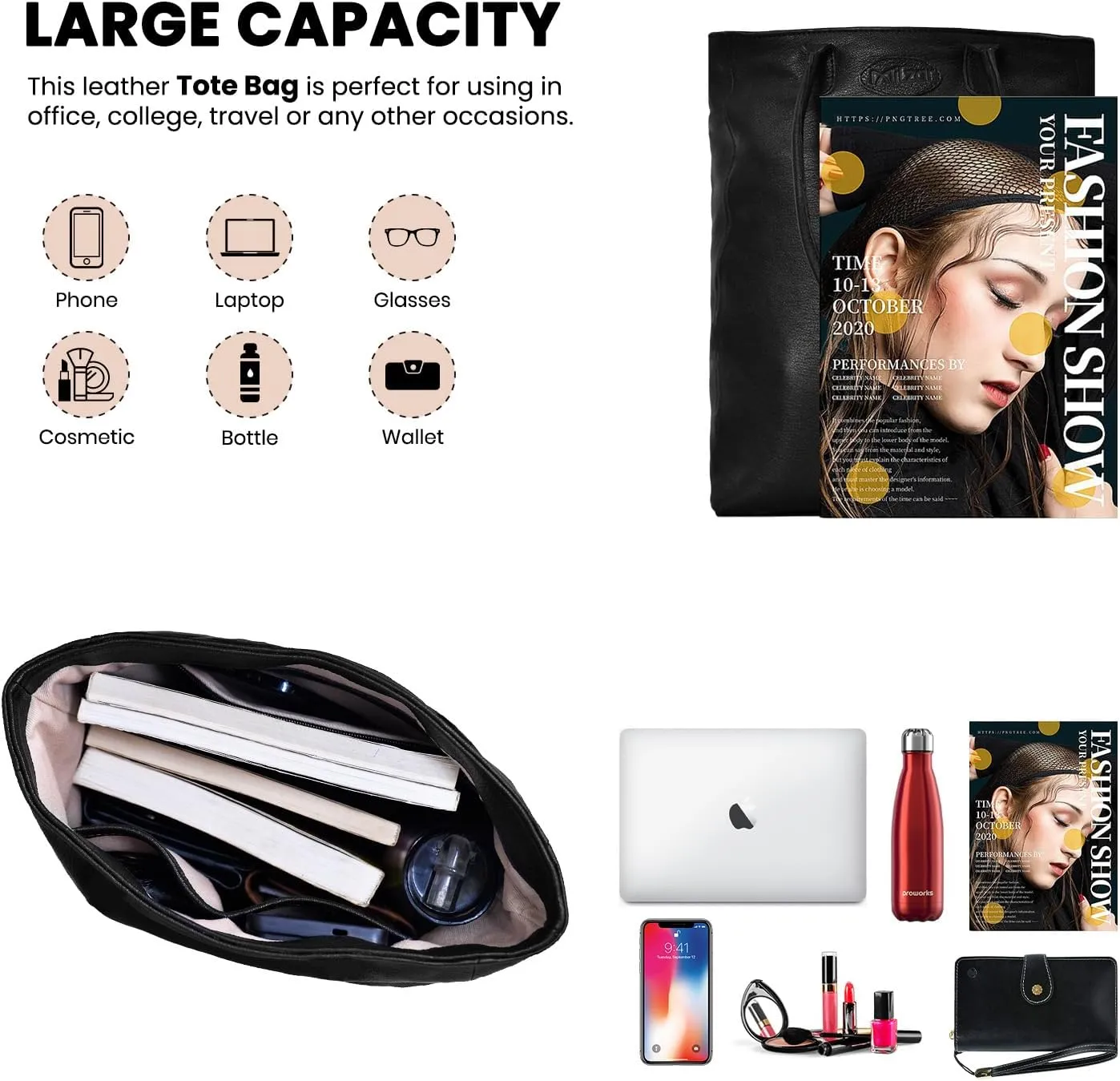 Large Leather Tote Bag for Women Soft Semi Veg Goat Skin, Top Handle, Inside Zipper Pockets Leather Tote Bags for Women