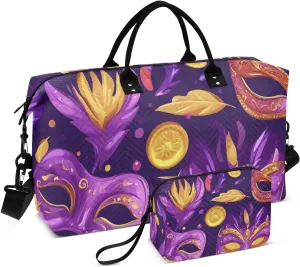 Large Travel Bag Mardi Gras Carnival Masks Purple Large Carry On Bag Sport Training Bag with Toiletry Bag for Business Trips 2 Pcs Set