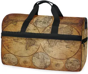 Large Travel Duffel Bag for Women Men Vintage World Map Antique Sports Tote Gym Bag Shoulder Weekender Foldable Overnight Bags with Shoe Compartments, Lightweight