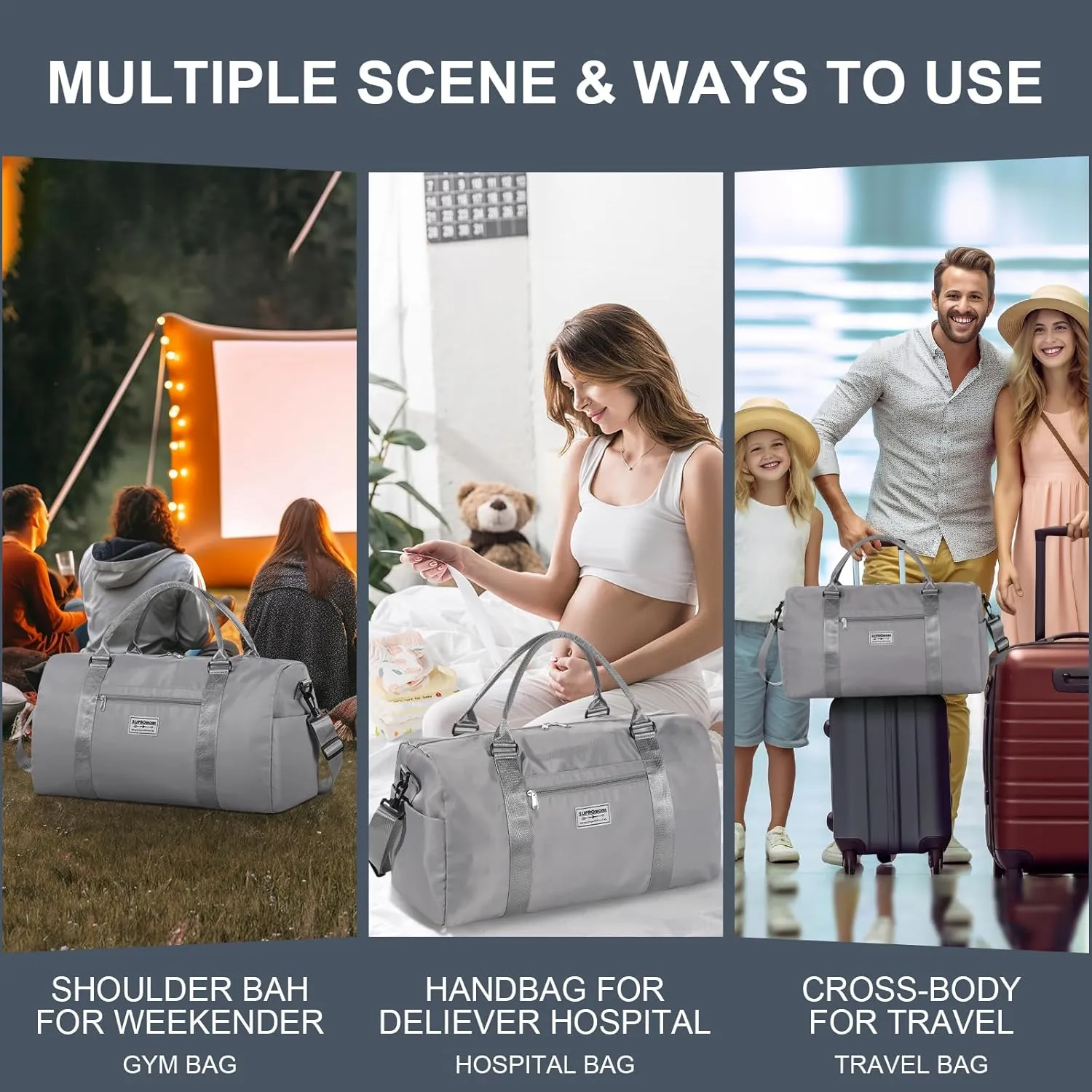 Large Travel Duffel, Sports Tote, Gym Yoga Bag - Airplane Carry-on with Extra Shoe & Small Clear Makeup Bag - Overnight Crossbody for Men & Women - Grey