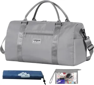 Large Travel Duffel, Sports Tote, Gym Yoga Bag - Airplane Carry-on with Extra Shoe & Small Clear Makeup Bag - Overnight Crossbody for Men & Women - Grey