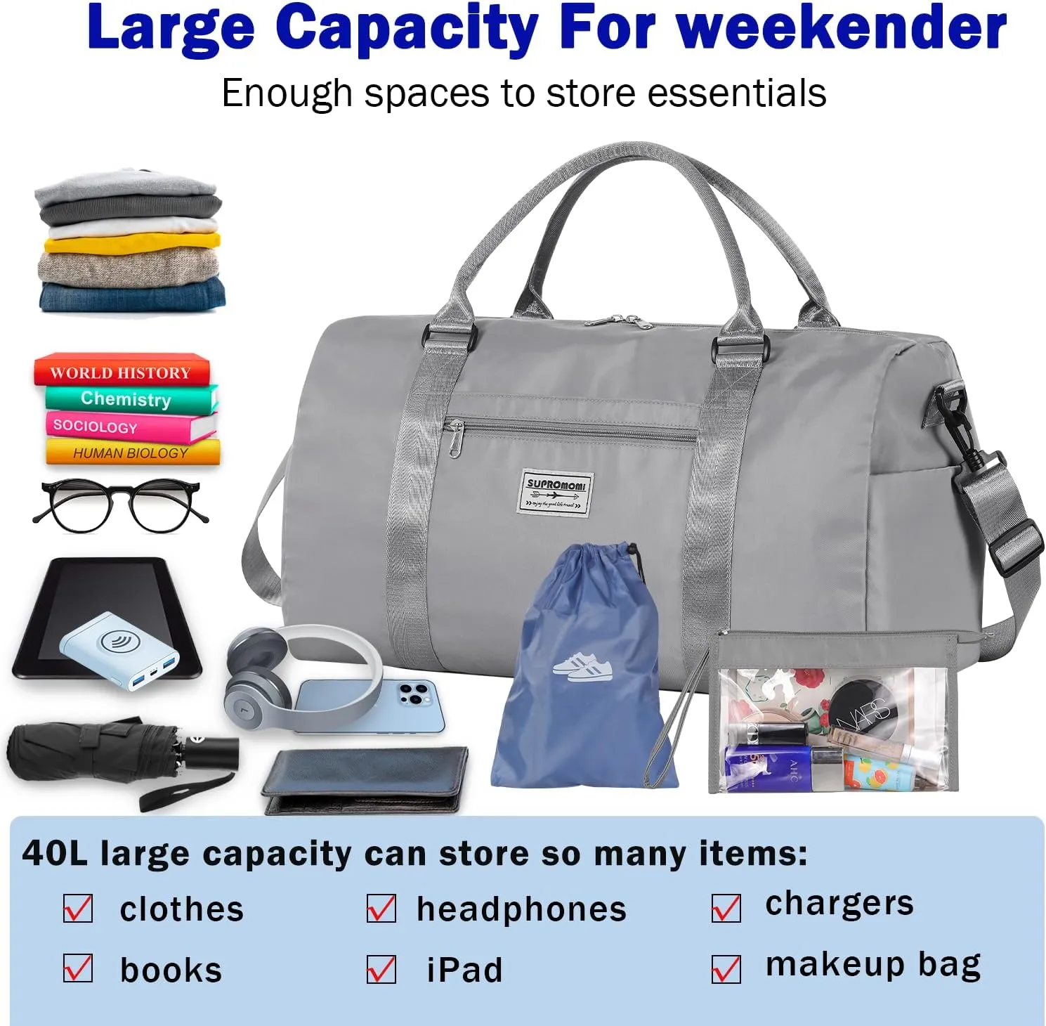 Large Travel Duffel, Sports Tote, Gym Yoga Bag - Airplane Carry-on with Extra Shoe & Small Clear Makeup Bag - Overnight Crossbody for Men & Women - Grey
