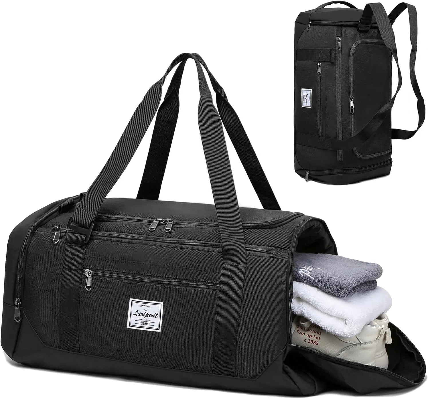 Laripwit Gym Bags for Men, 40L Medium Sports Travel Duffel Bag with Shoe Compartment & Wet Pocket Lightweight Gym Duffle Bag Backpack Multipurpose Weekender Overnight Backpack for Women, Black