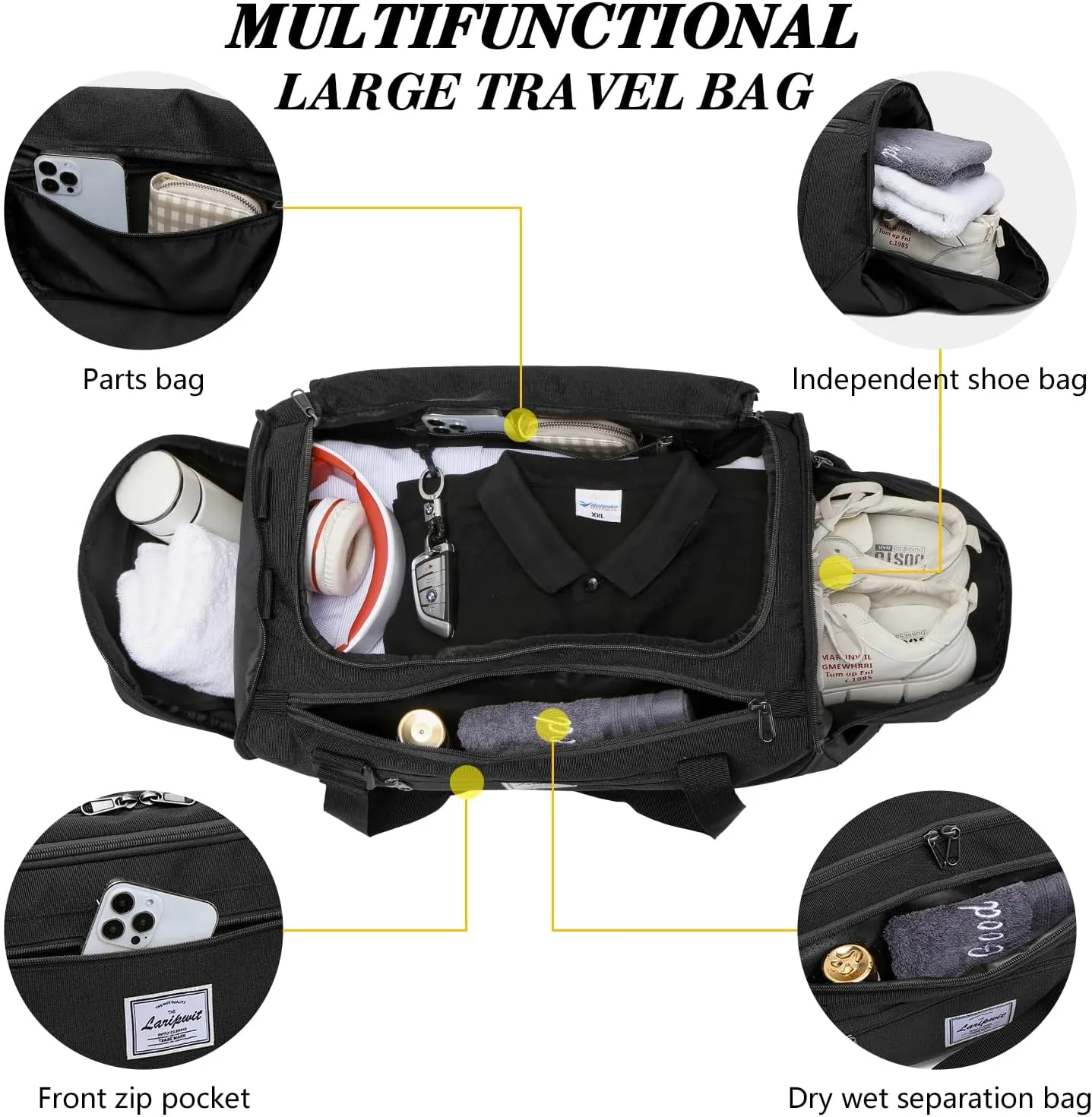 Laripwit Gym Bags for Men, 40L Medium Sports Travel Duffel Bag with Shoe Compartment & Wet Pocket Lightweight Gym Duffle Bag Backpack Multipurpose Weekender Overnight Backpack for Women, Black