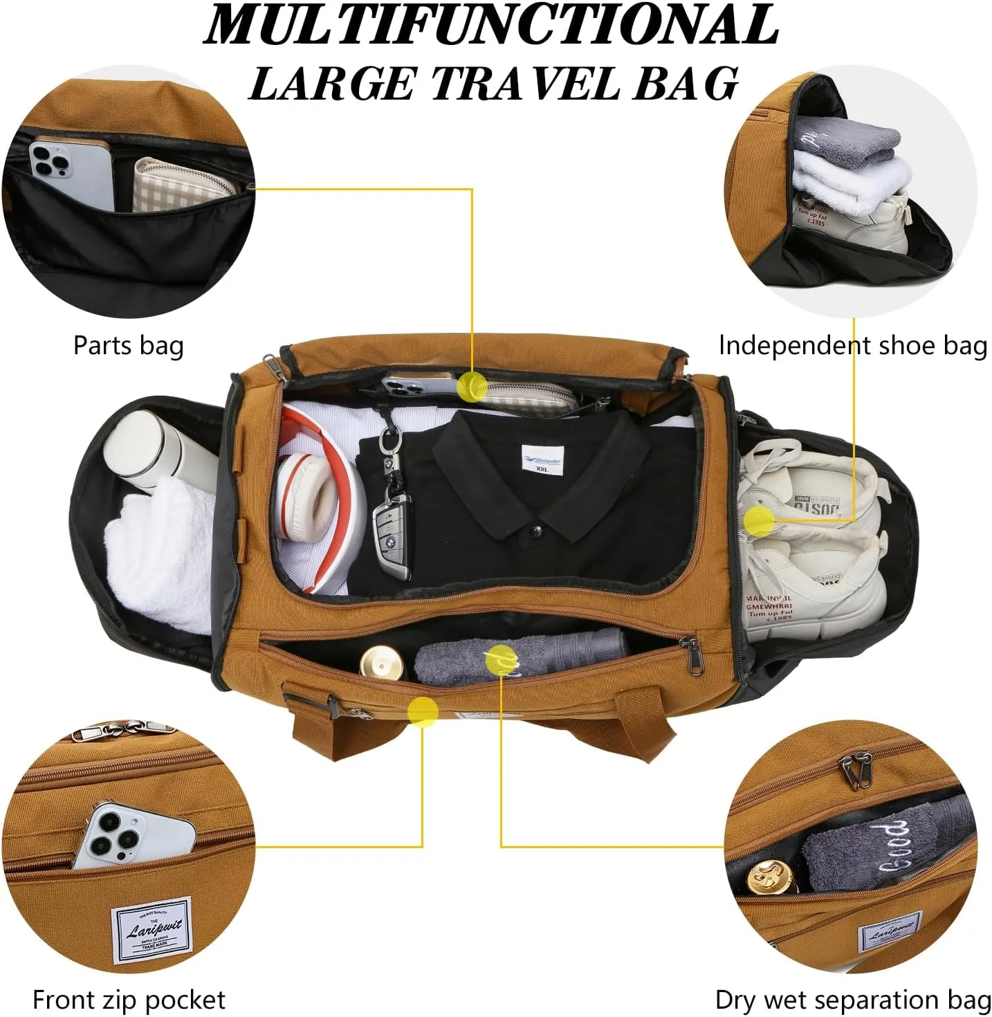 Laripwit Gym Bags for Men, 40L Medium Sports Travel Duffel Bag with Shoe Compartment & Wet Pocket Lightweight Gym Duffle Bag Backpack Multipurpose Weekender Overnight Backpack for Women, Brown