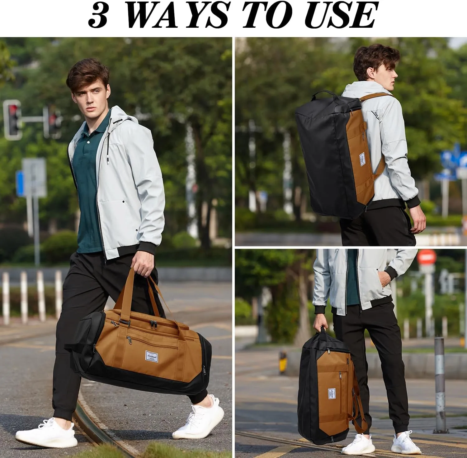 Laripwit Gym Bags for Men, 40L Medium Sports Travel Duffel Bag with Shoe Compartment & Wet Pocket Lightweight Gym Duffle Bag Backpack Multipurpose Weekender Overnight Backpack for Women, Brown