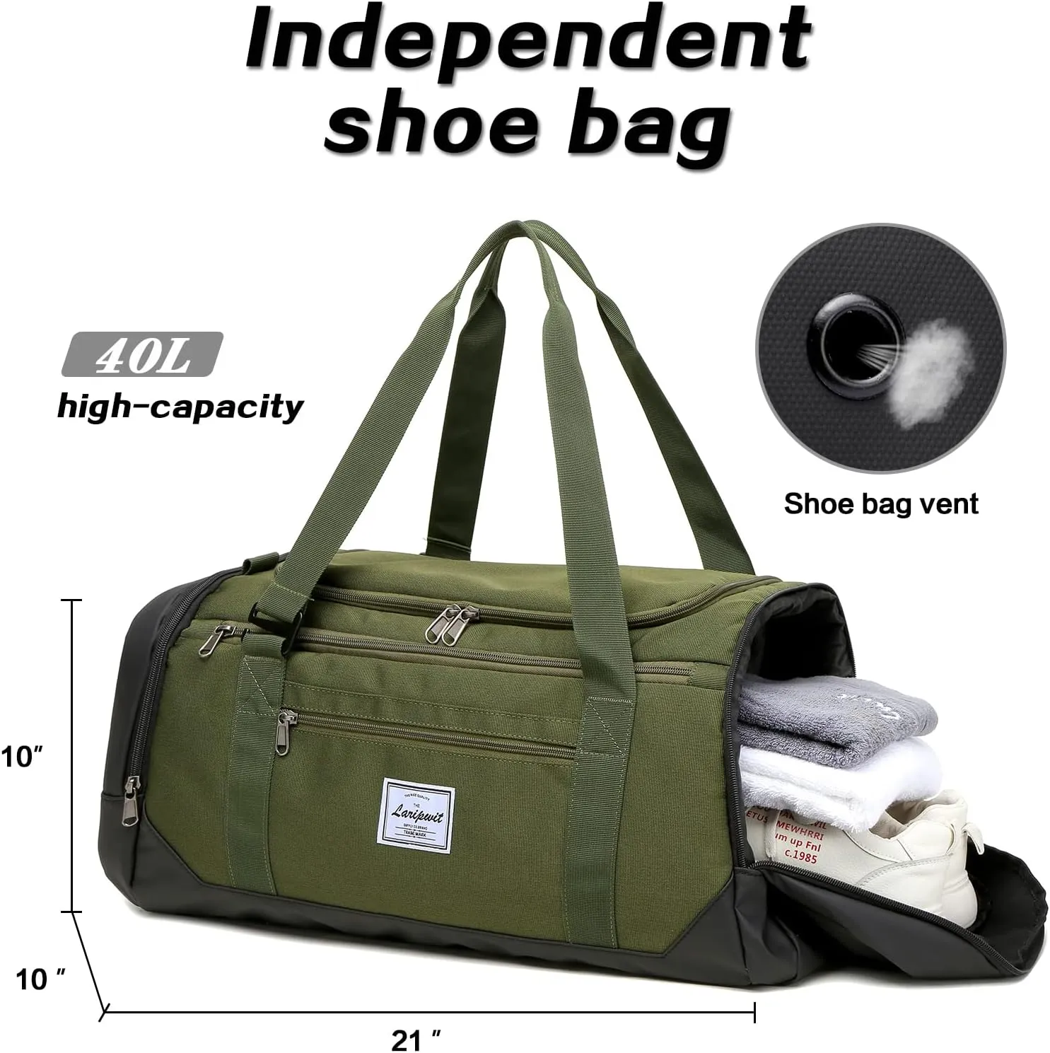 Laripwit Travel Duffle Bag for men 40L Medium Sports Gym Bag with Wet Pocket & Shoes Compartment Weekender Overnight Backpack for Traveling Duffel Bag Backpack for Women, Green