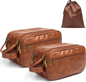 Laripwit Travel Toiletry Bag for Men 2-piece Set PU Leather Shaving Dopp Kit Water-resistant Cosmetic Toiletries Organizer Pouch Bathroom Hygiene Case Gift for Mens Brown