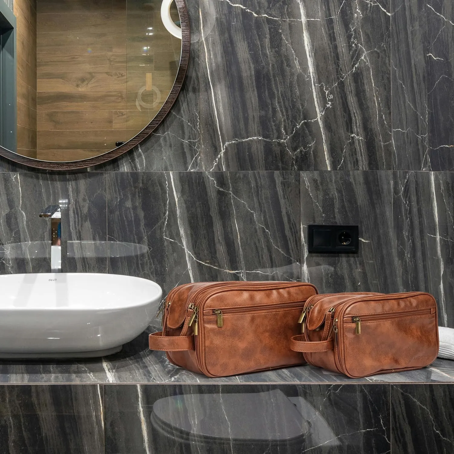 Laripwit Travel Toiletry Bag for Men 2-piece Set PU Leather Shaving Dopp Kit Water-resistant Cosmetic Toiletries Organizer Pouch Bathroom Hygiene Case Gift for Mens Brown