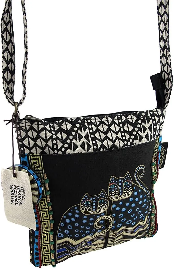 Laurel Burch LB4315 Crossbody Tote with Zipper Top, Spotted Cats Black
