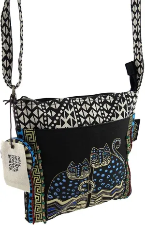 Laurel Burch LB4315 Crossbody Tote with Zipper Top, Spotted Cats Black