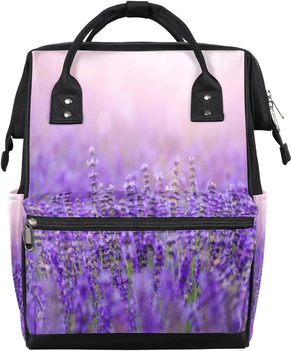 Lavender Flowers Plants Diaper Bag Tote Large Capacity Waterproof with Adjustable Shoulder Strap and Pram Straps Mommy Bag for Hospital Beach Weekender Travel
