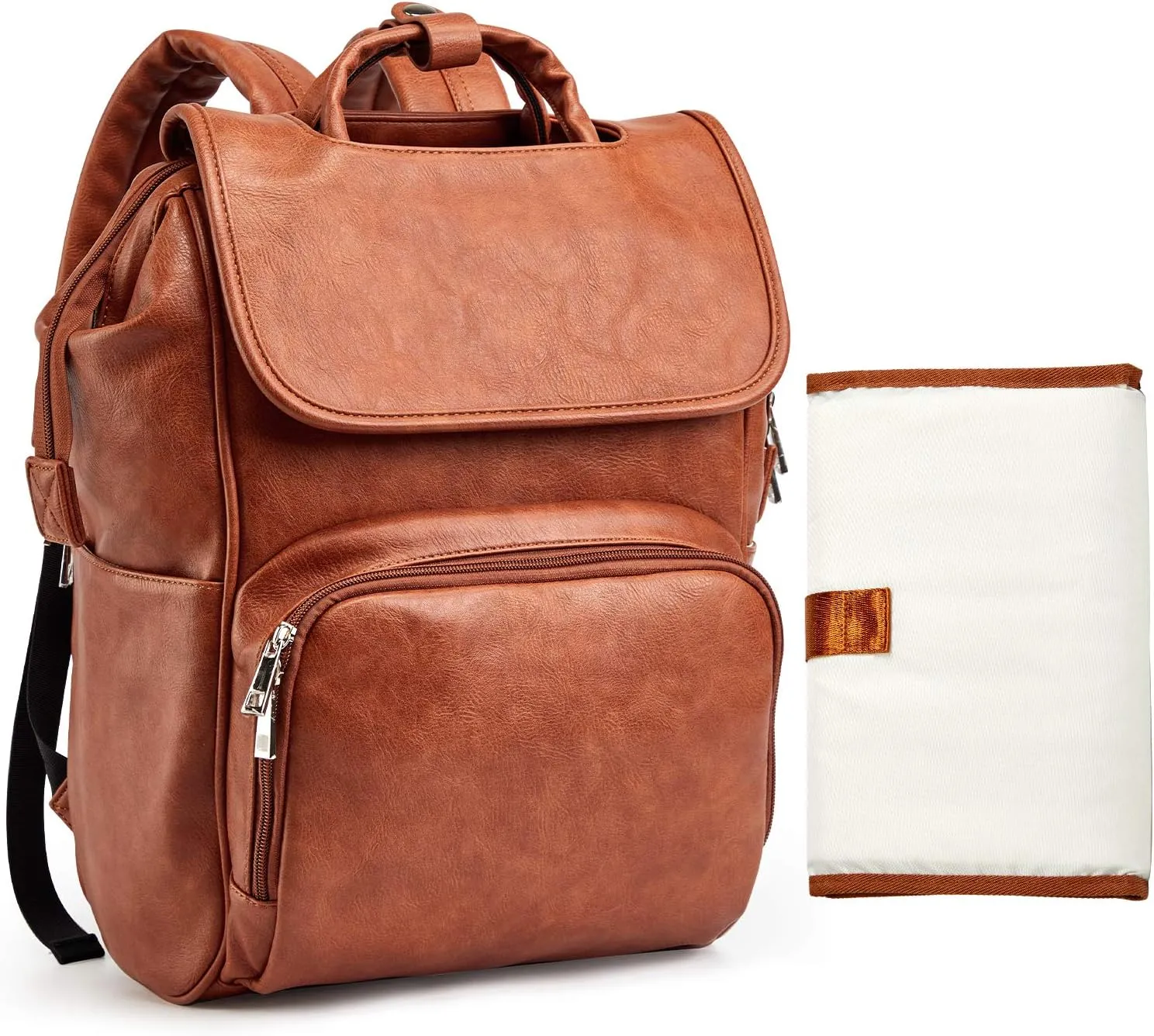 Leather Diaper Bag Backpack with Changing Mat Travel Backpack Waterproof&Insulated Large Nappy Bag Stroller Straps, Brown B, 13.8x8x18 Inch (Pack of 1), Travel Backpacks