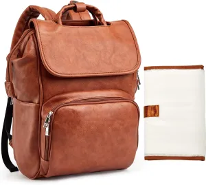 Leather Diaper Bag Backpack with Changing Mat Travel Backpack Waterproof&Insulated Large Nappy Bag Stroller Straps, Brown B, 13.8x8x18 Inch (Pack of 1), Travel Backpacks