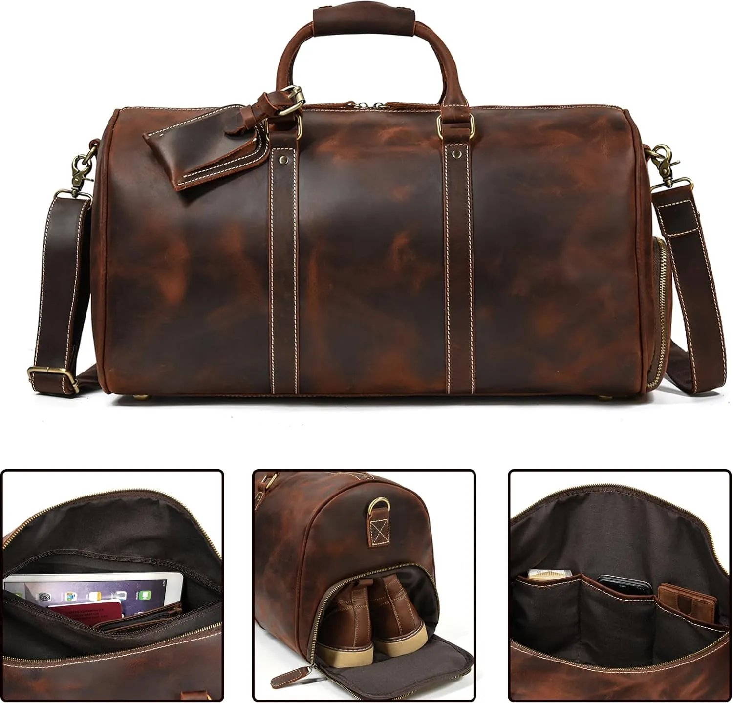 Leather Duffel Bags for Men and Women 20 Inch Full Grain Leather Travel Overnight Weekend Leather Bags Travel Duffel for Men, 9804 Brown